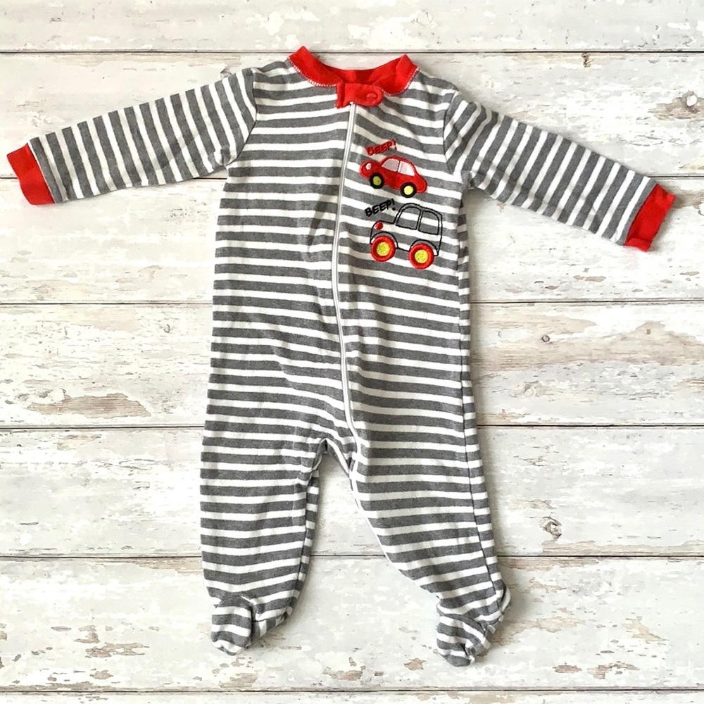 Baby Boy 6-9m Stripe Footie Sleeper Pajamas PJs Red Gray Cars Detail 6m 9m